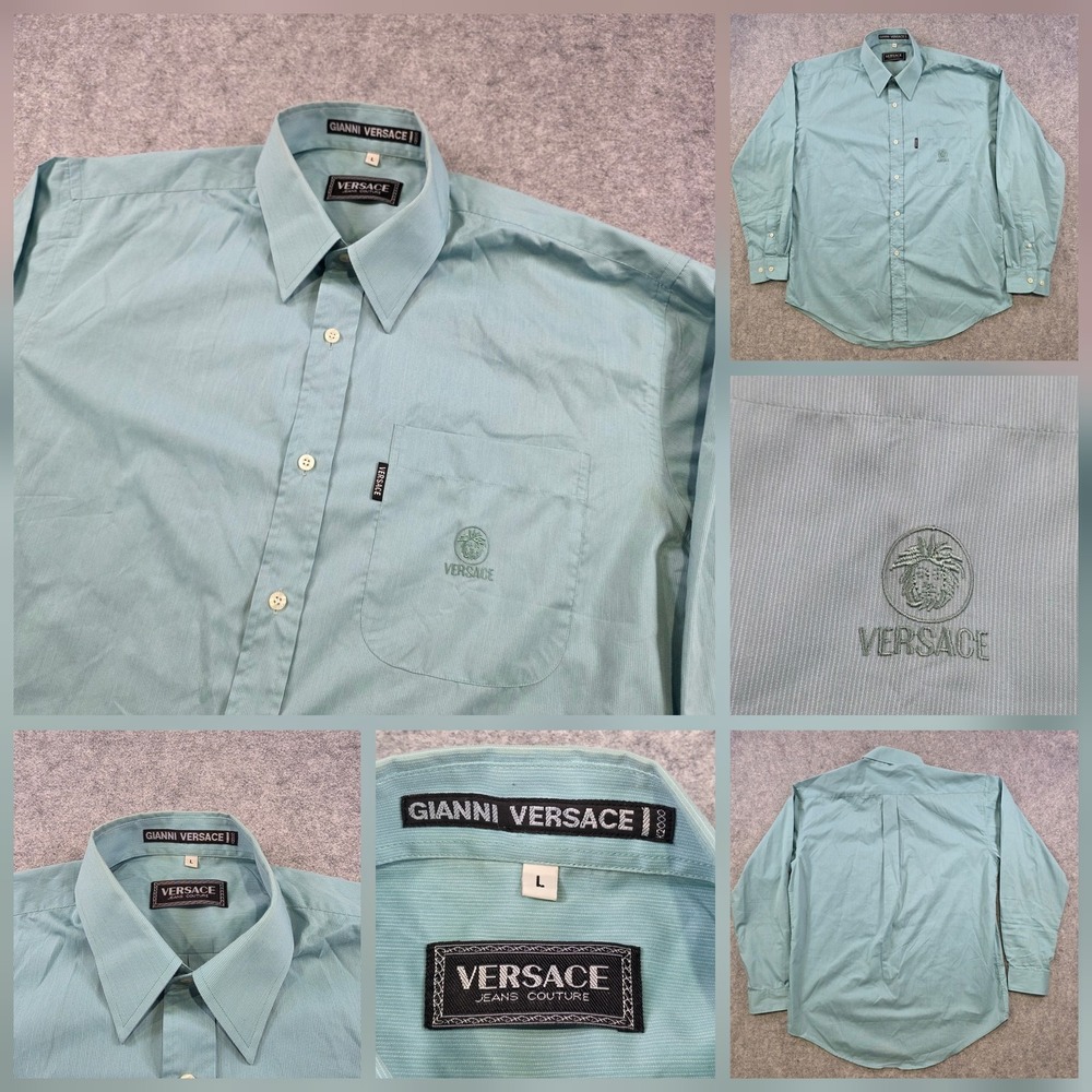 Versace Jeans Couture Shirt Mens L Green Medusa Logo Long Sleeve Button‎ Up